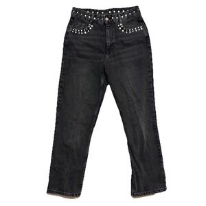 Zara Studded Jeans High Rise Black Women 6 Straight Leg‎ Edgy Punk Grunge Rocker